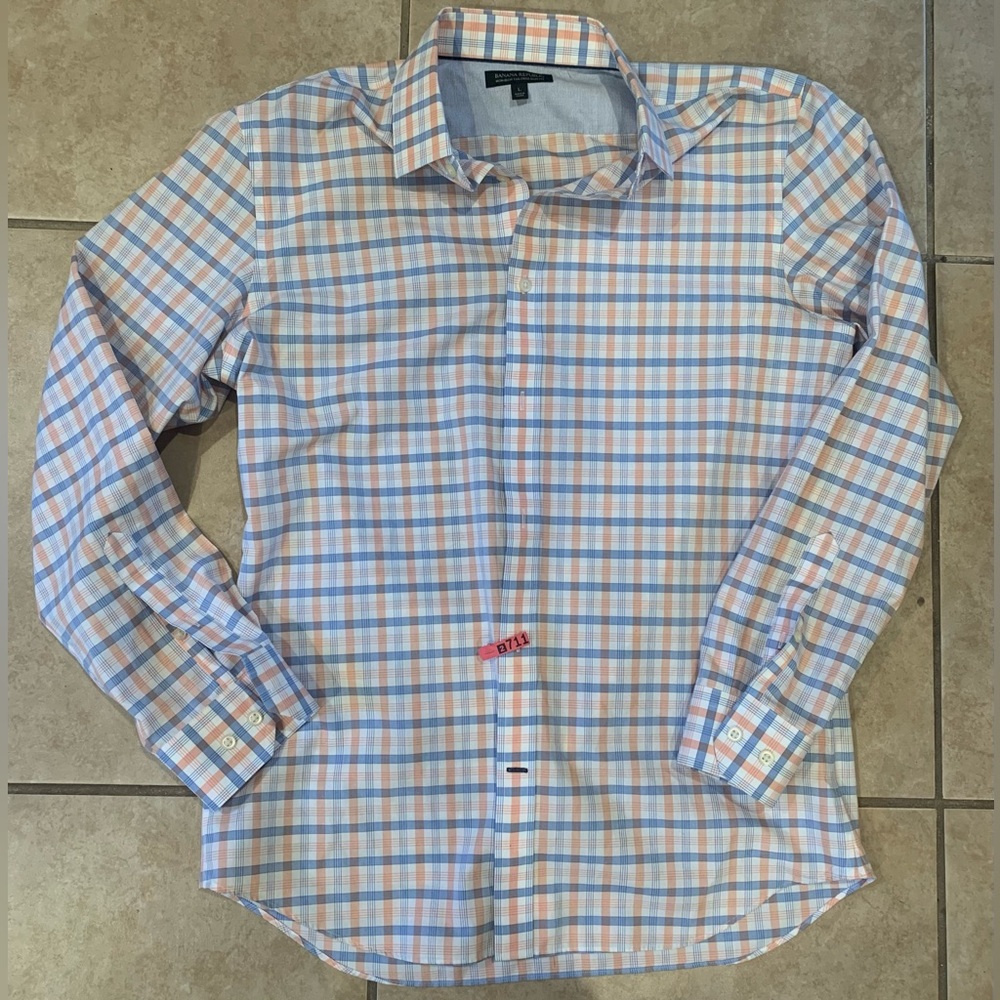 Banana Republic Blue and Orange Button Down Dress Shirt, Size: Large